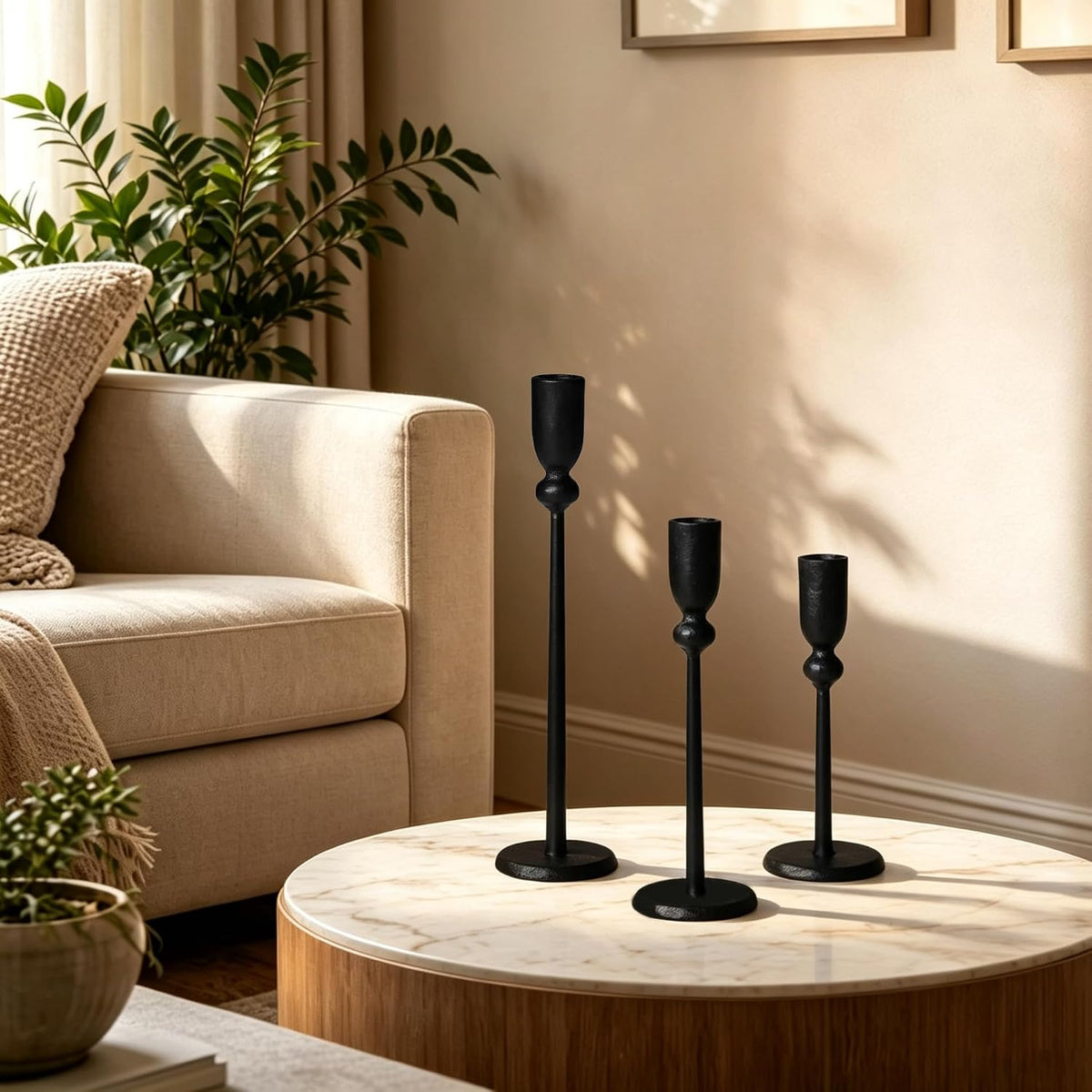 PERFNIQUE Black Candle Holders for Candlesticks Set of 3, Cast Iron Decor