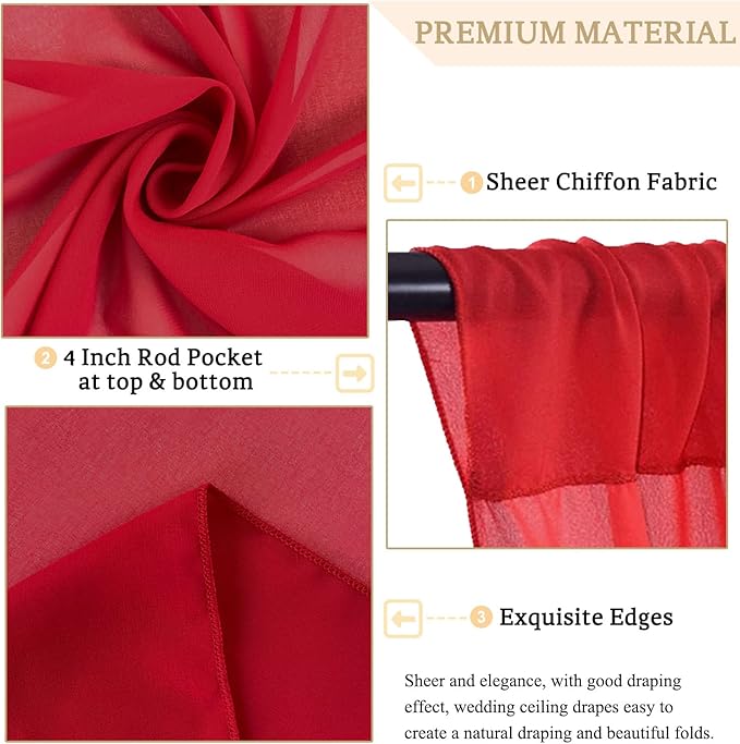 MODFUNS Ceiling Draping Red Ceiling Drapes for Parties 5x30FT 2 Panels Chiffon Sheer Draping Fabric for Wedding Arch Drapery Curtains Tulle Arbor Drapes for Wedding Reception Birthday Curtains