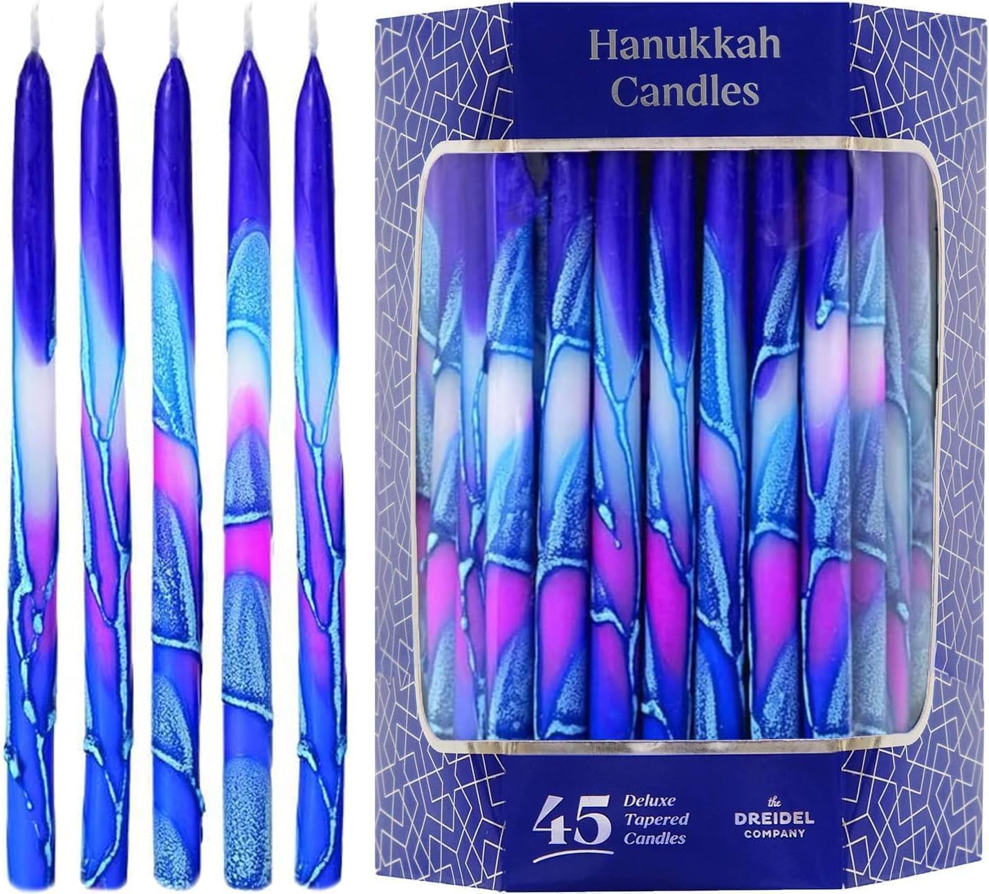 The Dreidel Company 45 Dripless Hanukkah Candles Blue and Pink Multi Splash, Premium Tapered Hand Decorated 1-Hour Burn Time Deluxe Tapered Hanukkah Candles