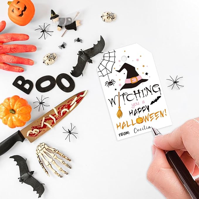 Aukolass 50pcs Happy Halloween Treat Tags,Witch Themed Gift Tags for Halloween Party Favors and Gift Wrapping Decoration(Witching)