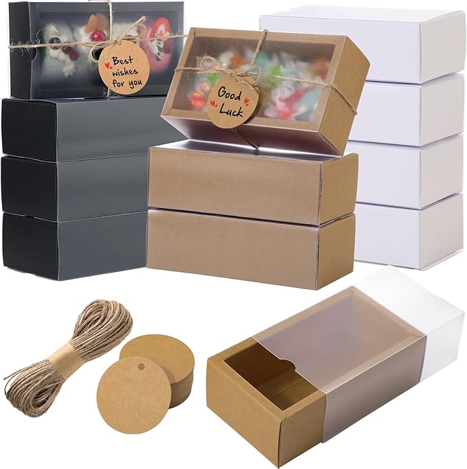 Roowest 50 Sets Kraft Soap Boxes Rectangle Packaging Box with Window Homemade Gift Box with Blank Tags and Jute String for Jewelry Candy Wrapping Party Favor(6.3 x 3.5 x 2 Inch,3 Colors)