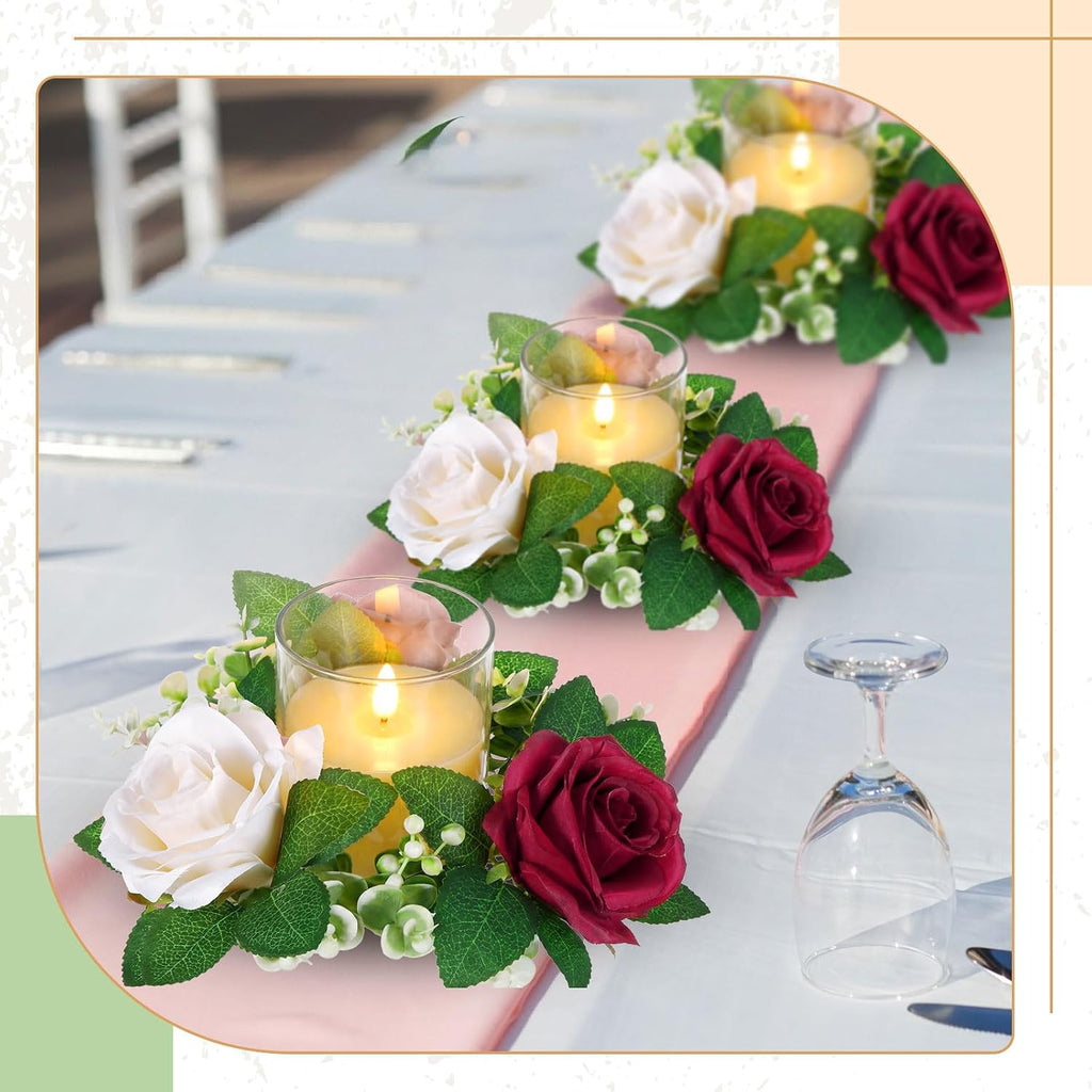 Yunlly 12 Pcs Rose Candle Rings with Flameless Candles Sets, Artificial Flower Eucalyptus Wedding Centerpiece 3 Inch Pillar Candleholders Wreaths for Wedding Party Mother's Day (Red，Pink，White)