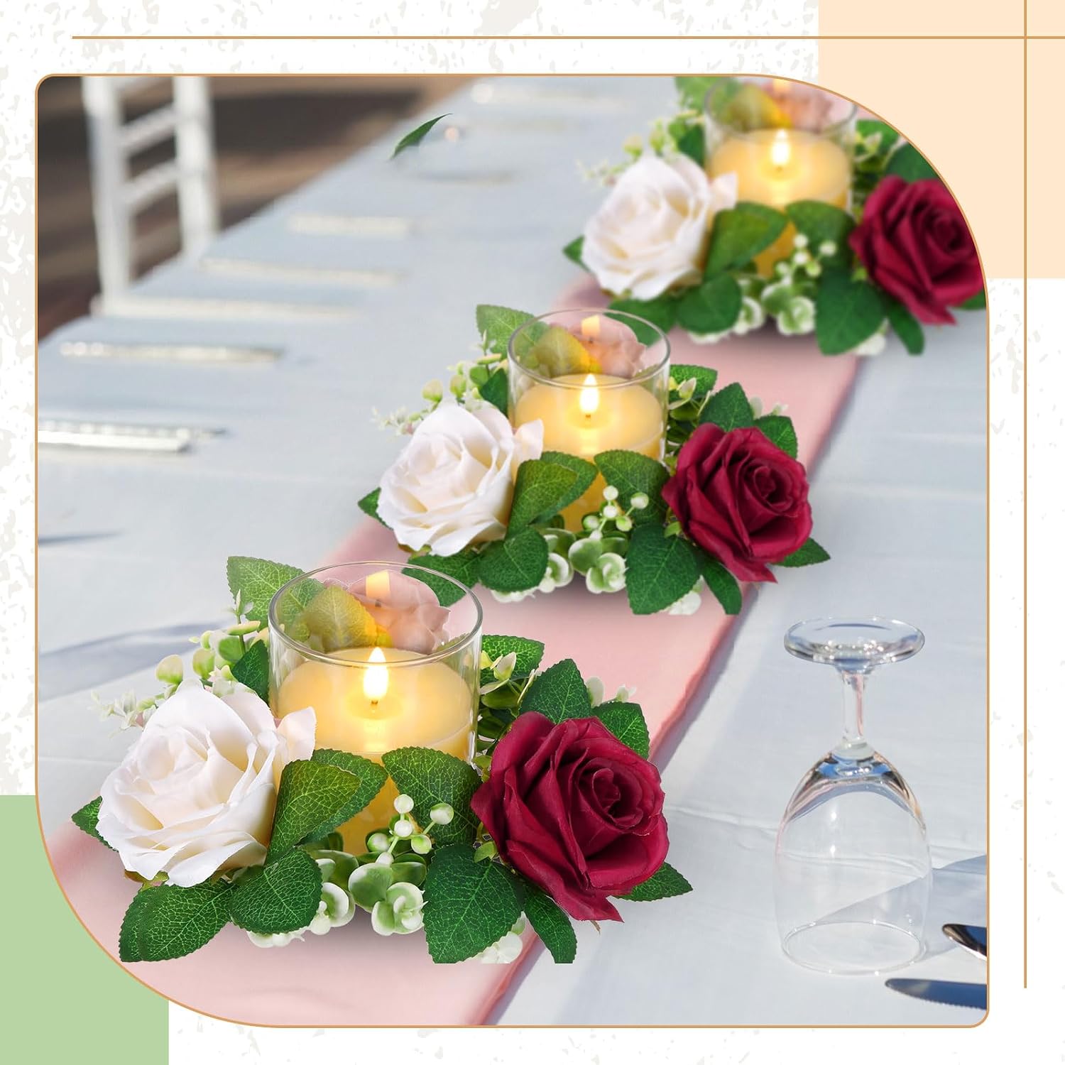 Yunlly 12 Pcs Rose Candle Rings with Flameless Candles Sets, Artificial Flower Eucalyptus Wedding Centerpiece 3 Inch Pillar Candleholders Wreaths for Wedding Party Mother's Day (Red，Pink，White)