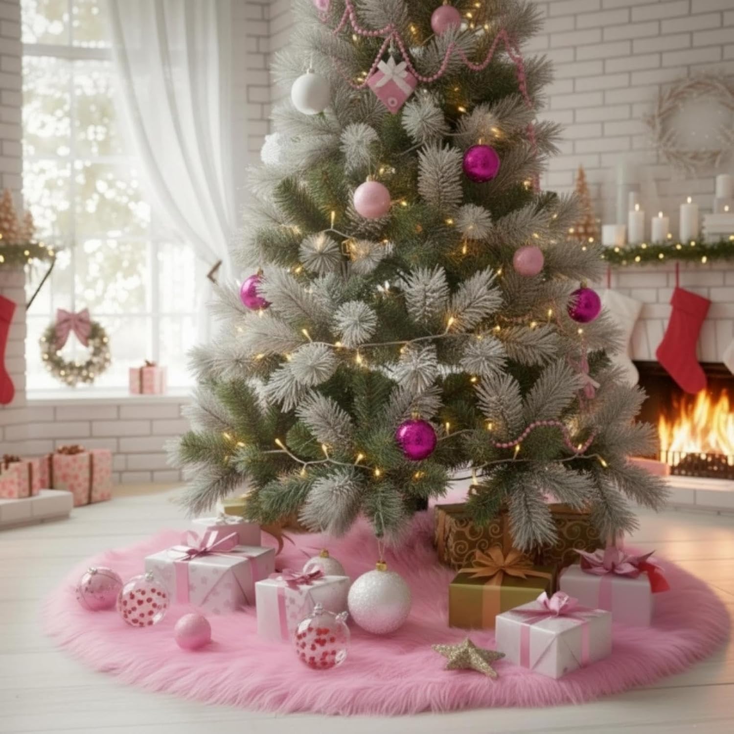 CHICHIC 48 inch Christmas Tree Skirt Faux Fur Xmas Tree Skirt Christmas Decorations Holiday Tree Ornaments Tree Decoration for Christmas Home Decorations, Xmas Party Holiday Decorations, Pink