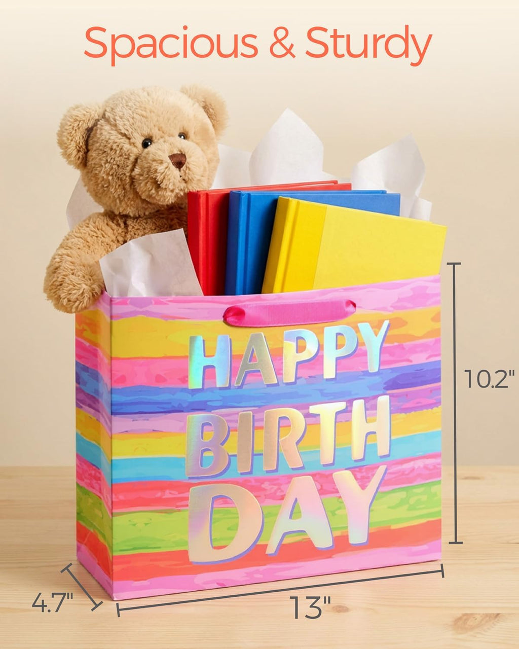 SUNCOLOR Large Happy Birthday Gift Bag with Tissue Paper & Card, 13 x 10.2 x 4.7 Inches Premium Paper Bag for Birthday, Kids', Women's & Mother's Gifts