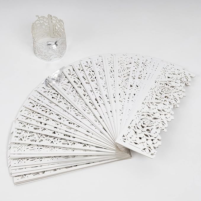 100pcs Disposable Rose Flower Paper Napkin Rings Laser Cut Foil Paper Napkin Holder, Leaf Vine Serviette Rings for Table Decoration,Christmas,Wedding,Party (Silver) (Pack of 2)