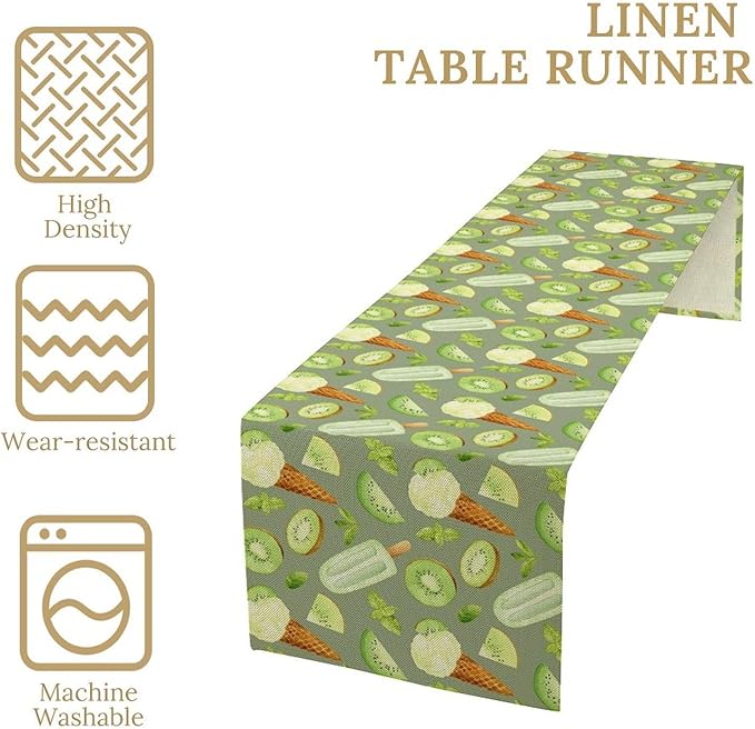 Summer Ice Cream Popsicles Table Runner, Watercolor Green Kiwi Seasonal Fruit Sweet Dessert Dinner Runner for Party Holiday Home Kitchen Dining Table Decor 13"x60"