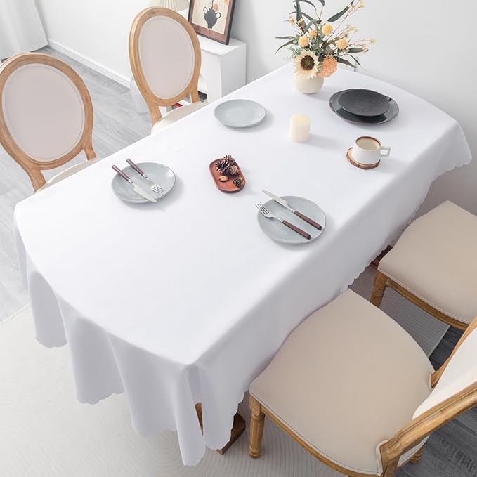 Oval White Tablecloth 60 x 84 Inch Polyester Fabric Washable Table Cloth Decorative Solid Color Wrinkle Resistant Table Cover for Dining Party Wedding Camping