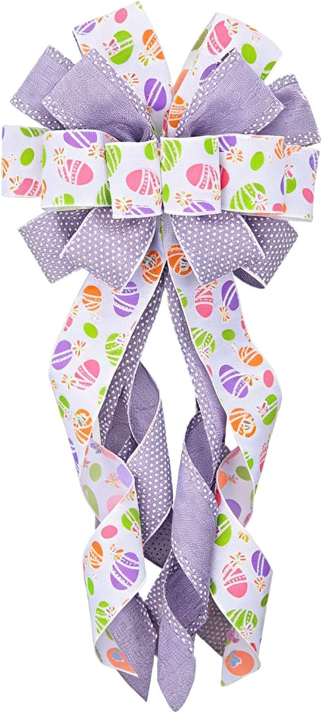 Estivaux Large Easter Wreath Bows for Front Door, Purple White Burlap Bow Spring Floral Eggs Tree Topper Bows for Wreath Wall Window Easter Decorations
