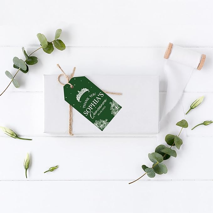 Andaz Press 40-Pack Personalized Quinceañera Favor Tags with String, Crown Floral Line Custom Classic Thank You Gift Tags for Quince Años XV 15th Birthday Favor Gifts Quinceanera Decorations