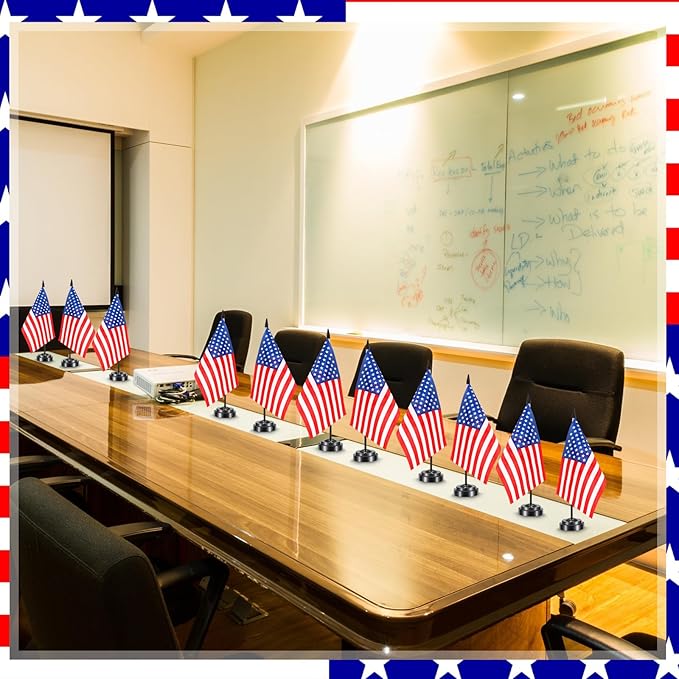 50 Pcs American Desk Flag Set Small USA Flags for Table with 13" Black Pole, Black Base and Spear Top, American Flag for Home Office Party Festival Celebrations Decor