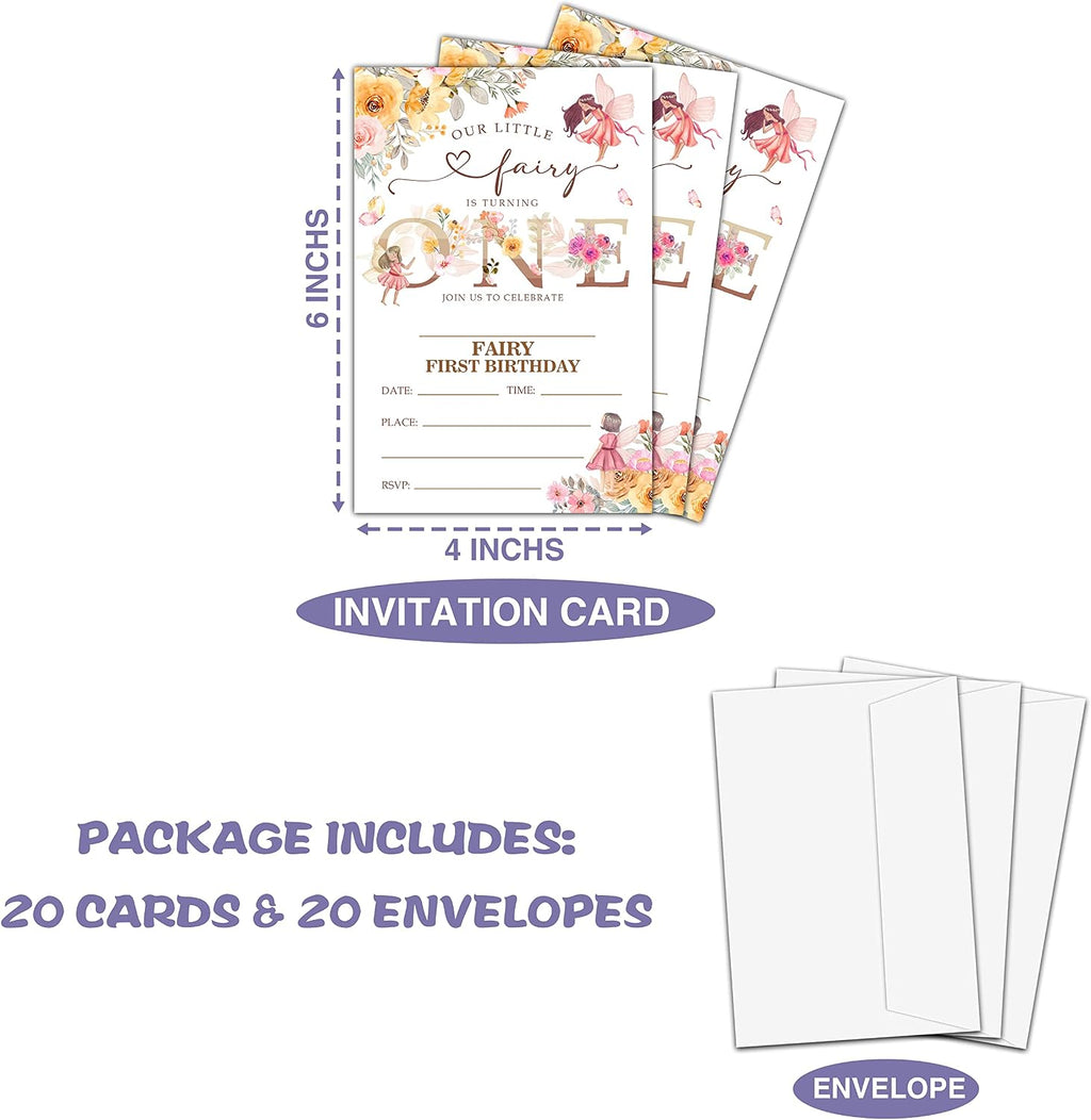 Fairy 1st Birthday Party Invitation, Garden Fairy Themed Fill-In Invites, 20 Floral Invitations With Envelopes for Women (4" X 6"), Adults Butterfly Party Favors Decorations and Supplies -56