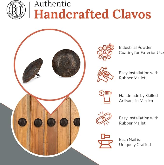 50 Pack 2" Round Head Iron Clavos Decorative Nails – Unfinished – Handmade Rustic Round Fasteners for Farmhouse Shutters, Faux Wood Beams, Barn Doors, Shutters, Gates – Ornamental Wood Accent