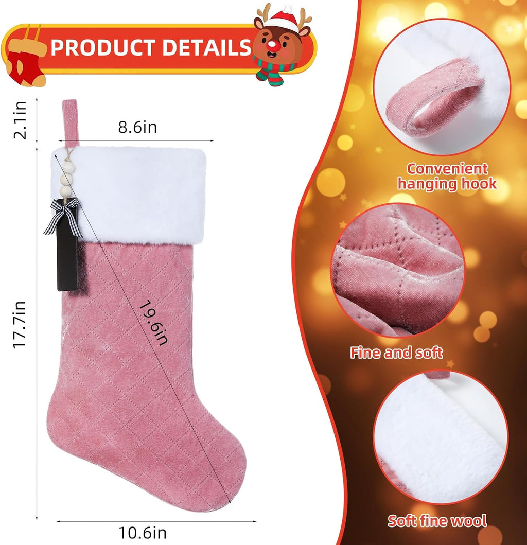 Pink Velvet Quilted Personalized Christmas Stocking,19.5 Inch Fireplace Hanging Stockings with Blank Wooden Tags DIY Name,Family Holiday Decorations and Xmas Gift- 6Pcs
