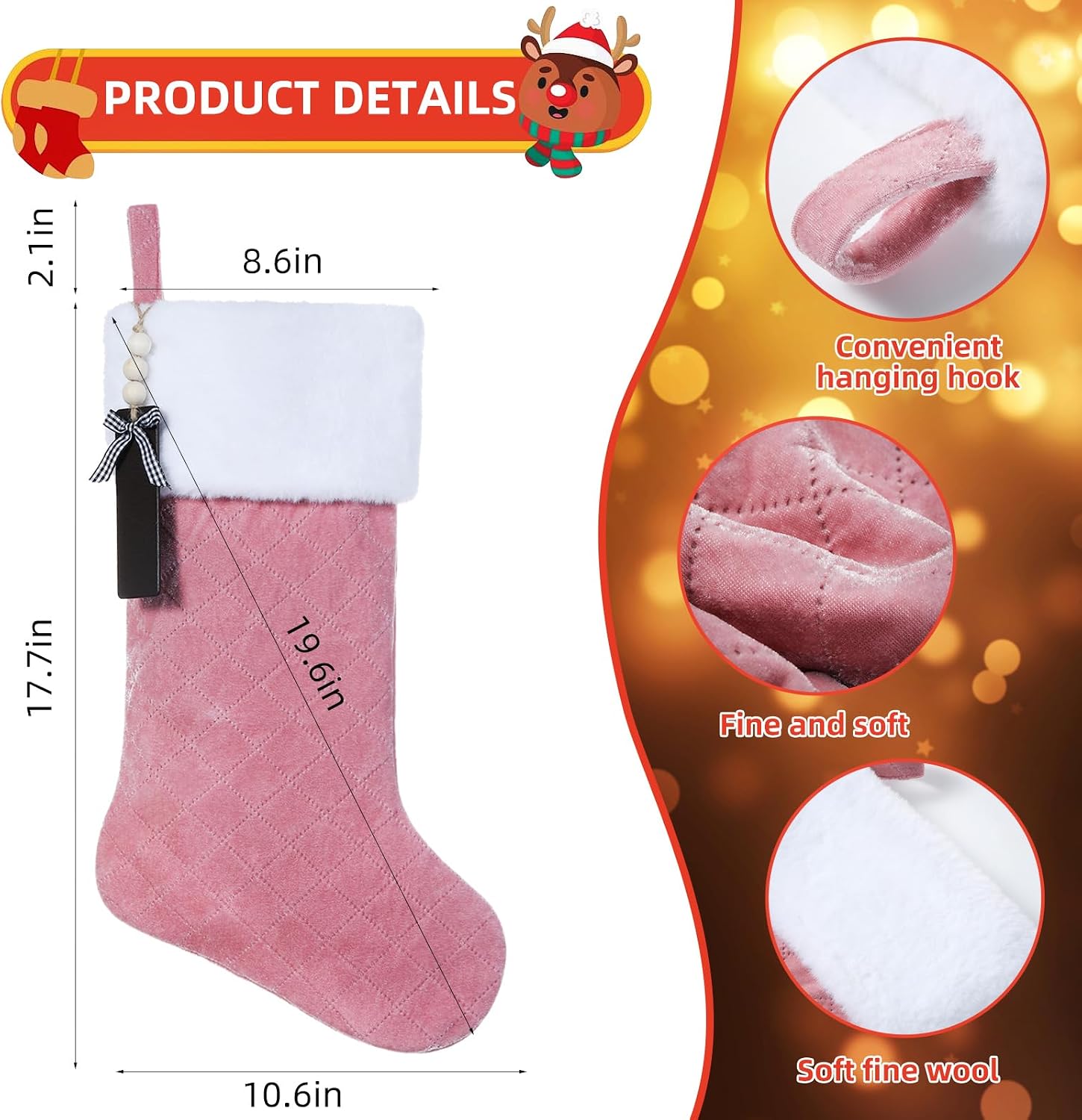 Pink Velvet Quilted Personalized Christmas Stocking,19.5 Inch Fireplace Hanging Stockings with Blank Wooden Tags DIY Name,Family Holiday Decorations and Xmas Gift- 6Pcs