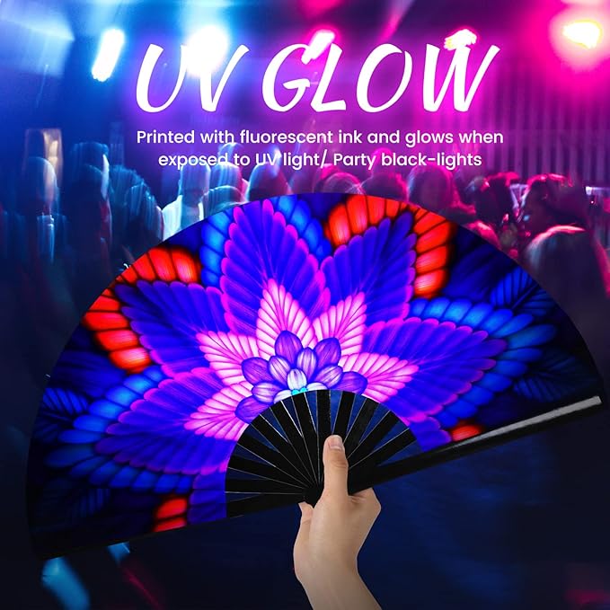 SYNTECSO Folding Hand Fan for Rave, UV Glow Fan, Large Bamboo Fan for Drag Queen, Women and Men Gift，Chinese Japanese Clack Fan for Parties, Music Festivals, EDM and Decoration
