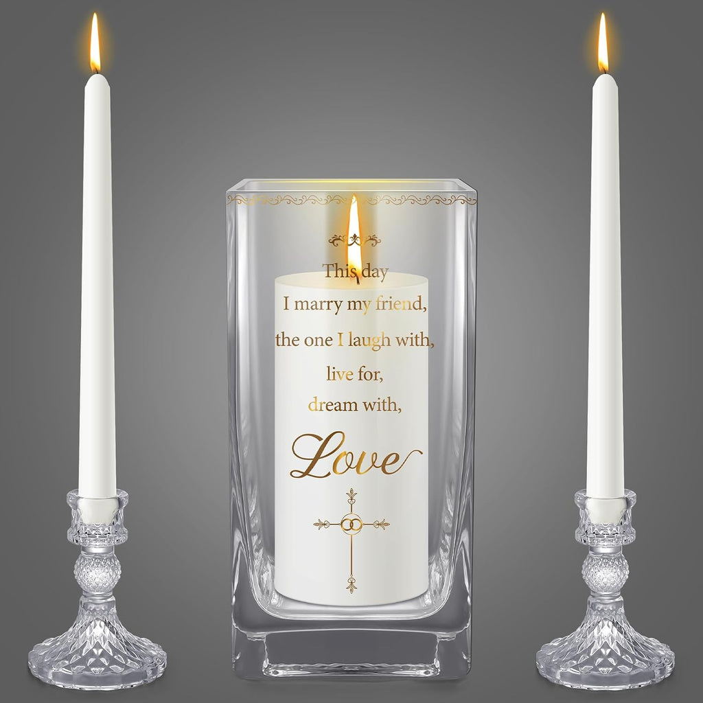 FoldTier Unity Candles with Holder for Wedding Ceremony Set 1 6" Pillar 2 9.8'' Taper Candles 3 Candlestick for Religious Formal Events Church(Cross)