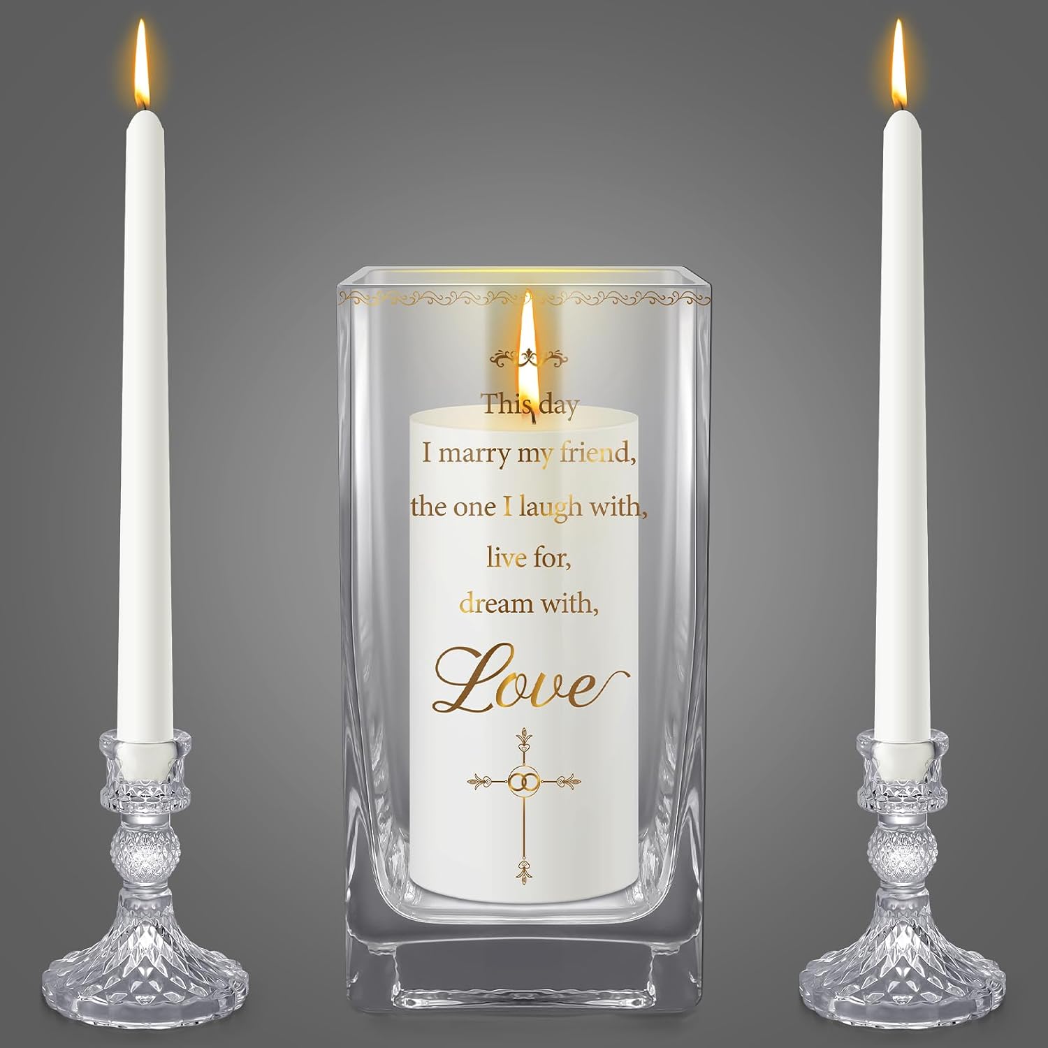 FoldTier Unity Candles with Holder for Wedding Ceremony Set 1 6" Pillar 2 9.8'' Taper Candles 3 Candlestick for Religious Formal Events Church(Cross)