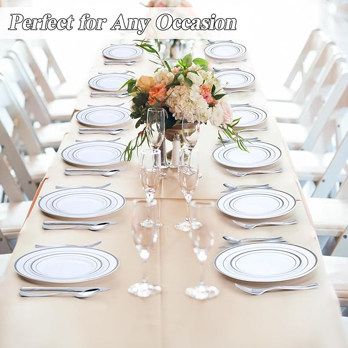 100PCS Silver Plastic Plates Set, 50 10.25 inch Dinner Plate and 50 7.5 inch Dessert Plates, Premium Disposable Plates for Party, Wedding