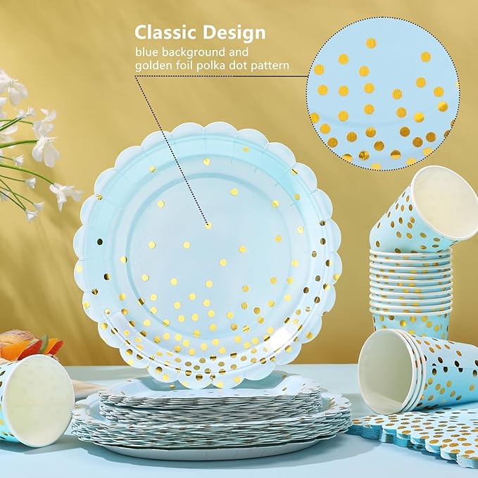 Blue and Gold Party Decorations 175PCS Light Blue Paper Plates and Napkins and Cups With Blue Plastic Forks Knives Spoons for Wedding Birthday Party Baby Shower Decorations Boy