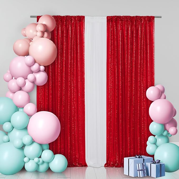 Eternal Beauty Sequin Backdrop Curtains, 2x8 Ft-2 Panels Red Back Drop for Shimmer Photography Party Wedding Birthday Decor
