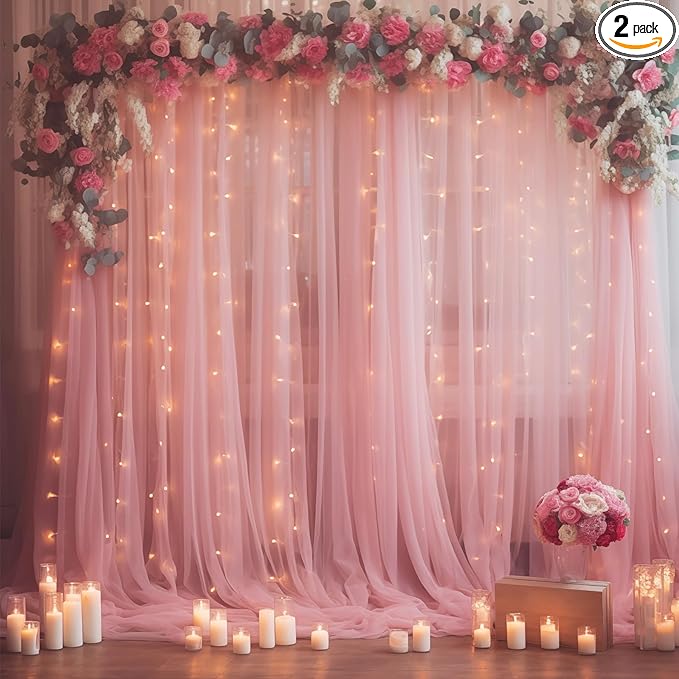 10×10ft Dusty Rose Tulle Backdrop Curtain with Lights String for Parties, Sheer Photo Curtain Backdrop Drapes for Wedding Party Photography Backgrounds