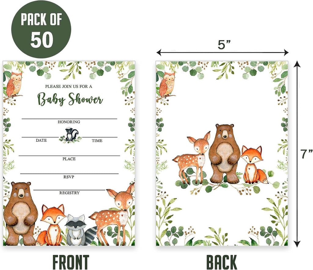 Yuzioey 50 Woodland Baby Shower Invitations, Forest Woodland Greenery Invitations Macthing Envelpoes, Diaper Raffle Tickets, Book Request Cards, Forest Creatures Invitations