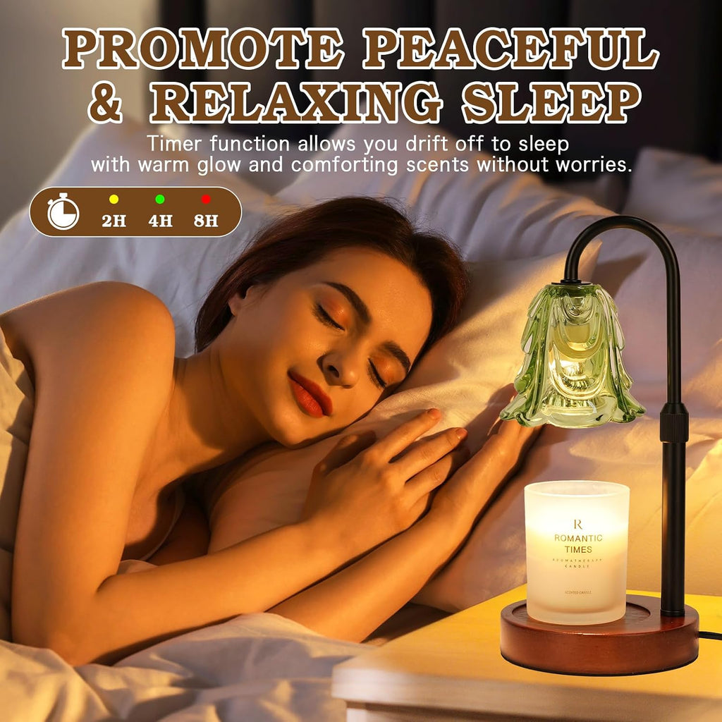 Small Candle Warmer Lamp with Timer, Adjustable Green Lamp Warmer for Jar Candles, Christmas Birthday Gifts for Women Mom Her, Unique Dimmable Candle Heater, Cute Wax Warming Light with Wood Base | Wax Melt Warmer, Flameless Design