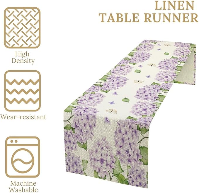 Watercolor Hydrangea Flower Table Runner, Spring Summer Seasonal Plants Butterfly Pink Lavender Dinner Runner for Home Kitchen Dining Table Party Holiday Decoration 13"x60"