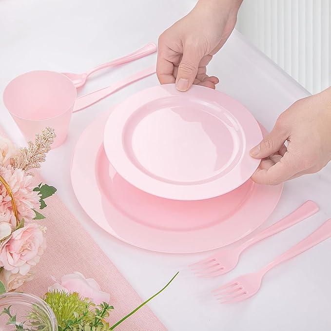 KIRE 150 Pieces Pink Plastic Plates Disposable - Pink Dinnerware Set Include 25 Dinner & 25 Salad Plates 25Forks 25Knives 25Spoons 25 Cups for Baby Shower/Bridal Shower