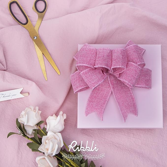 Ribbli Pink Burlap Valentine's Day Wired Ribbon,1-1/2 Inch x 10 Yard,Easter Wired Edge Ribbon for Big Bow,Wreath,Tree Decoration,Outdoor Decoration