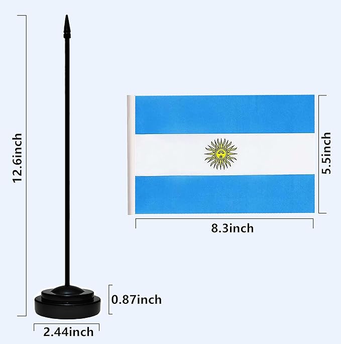 Argentina Argentine Deluxe Desk Flag Set Small Mini Miniature Argentina Argentine Table Desktop Flags With Solid Pole, Black Base and Spear Top(2 Pack)