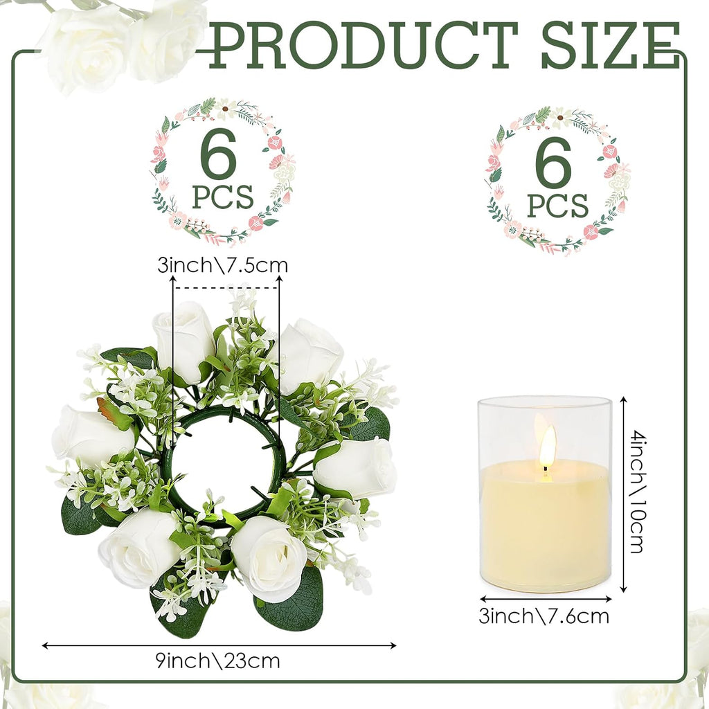 White Rose Candle Rings with Flameless Candles Sets - 12PCS Artificial Flower Eucalyptus Wedding Centerpiece 3 Inch Pillar Candleholders Wreaths for Wedding Party Decor (White - 6 Sets)