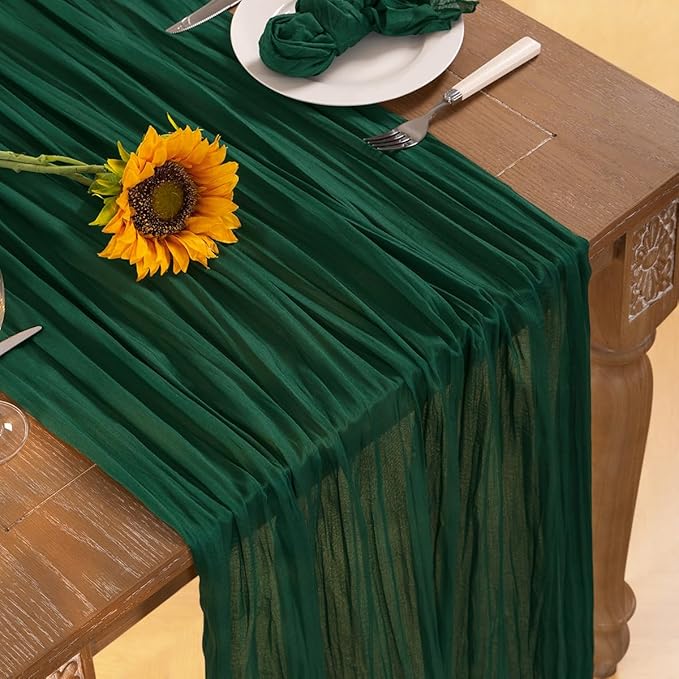 Emerald Green Cheesecloth Table Runner 6 Pack Fall Table Runners Boho Gauze 120 Inches Green Cheese Cloth Fall Table Decorations for Thanksgiving Wedding Bridal Baby Shower Tea Party