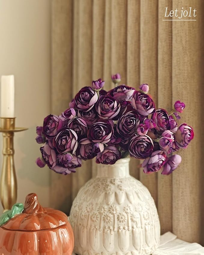 Letjolt Ranunculus Artificial Flower 18 Pcs Purple Silk Ranunculus Wedding Bouquet Engagement Centerpieces Arrangements Bridal Shower Decorations Home Decor, Purple