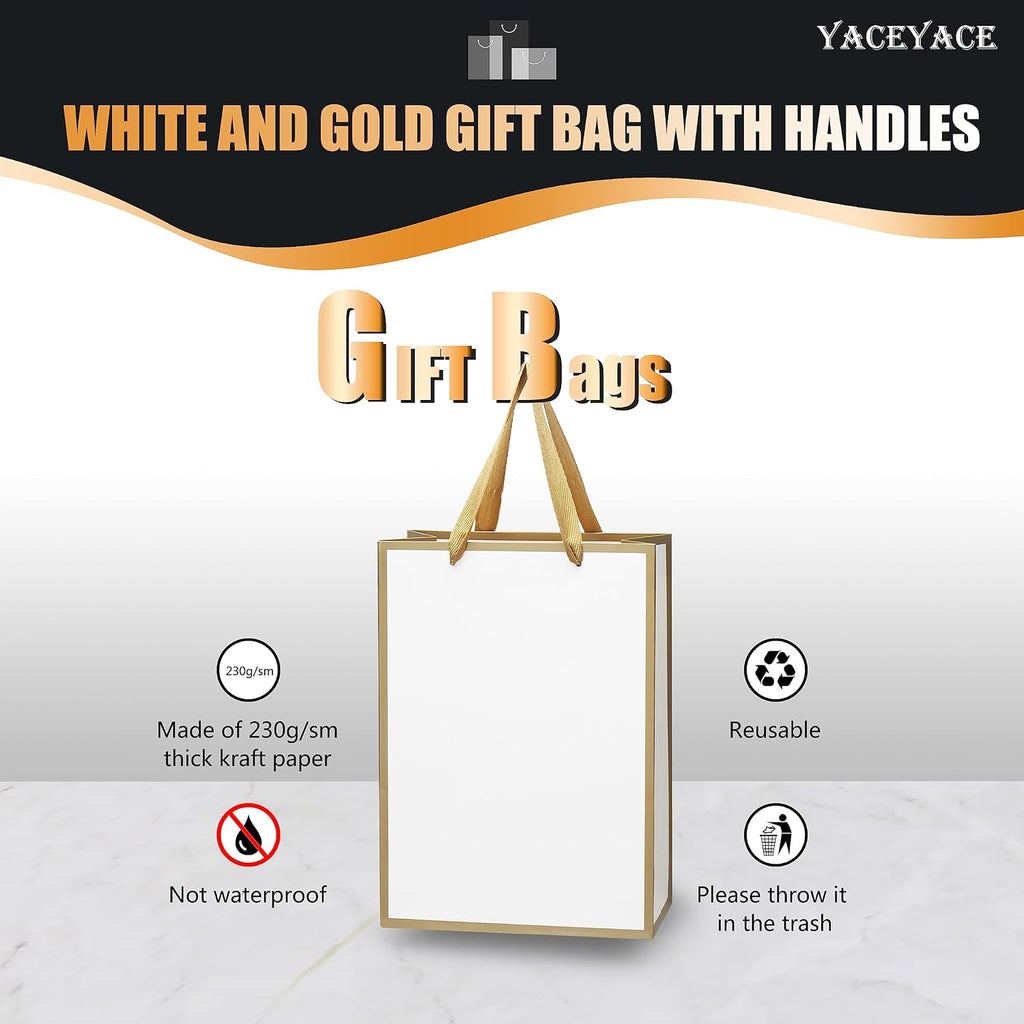YACEYACE White Gift Bags - Medium Size, 10 Pcs, 8" x 4" x 10.5" with Gold Frame, Paper Party & Wedding Bags