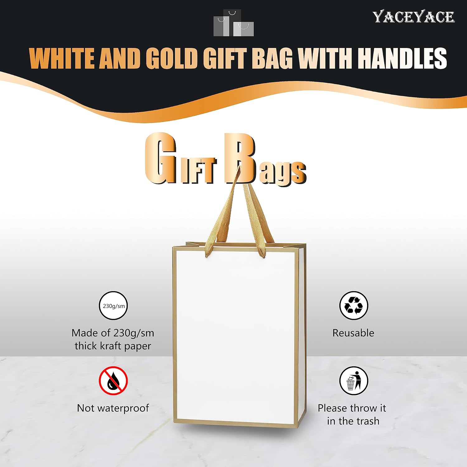 YACEYACE White Gift Bags - Medium Size, 10 Pcs, 8" x 4" x 10.5" with Gold Frame, Paper Party & Wedding Bags