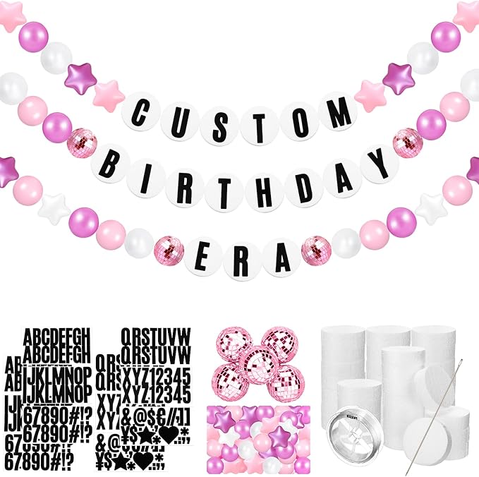 Giant Friendship Bracelet Garland Kit, DIY Birthday Banner with Letters Ball Jumbo Customizable Friendship Bracelet Decor for Halloween Christmas Wedding Party(White, Pink)