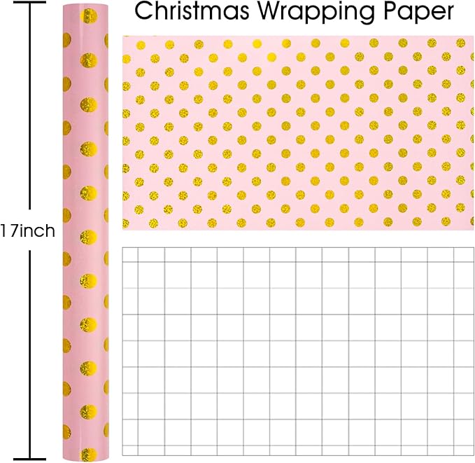 Burymento Pink Holographic Dots Wrapping Paper, Reversible Gold Gift Wrap for Birthday, Valentines, Mothers day, Graduation, Wedding, Fathers day, Baby Shower, Christmas (17in x 16.4ft)