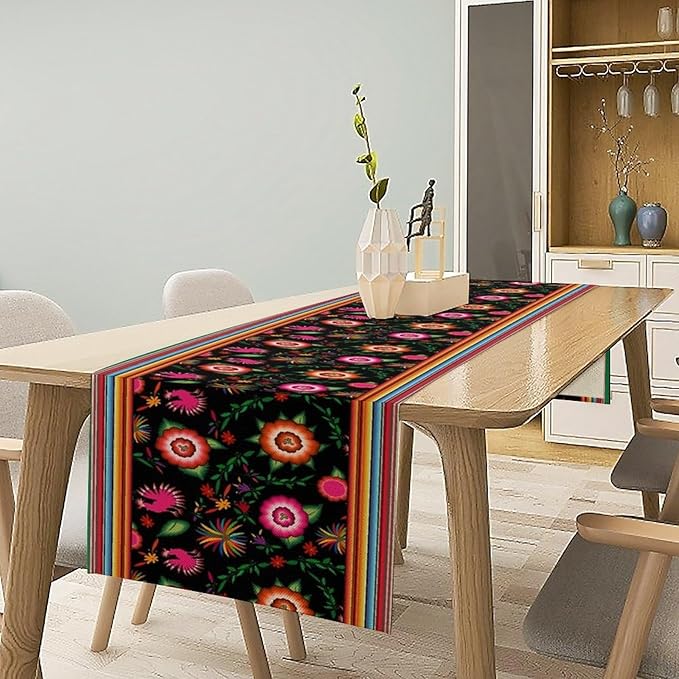 Mexican Table Runner,Colorful Flowers Cinco De Mayo Decor Table Runner for Kitchen Dining Table Home Party Decoration 13x90 Inch