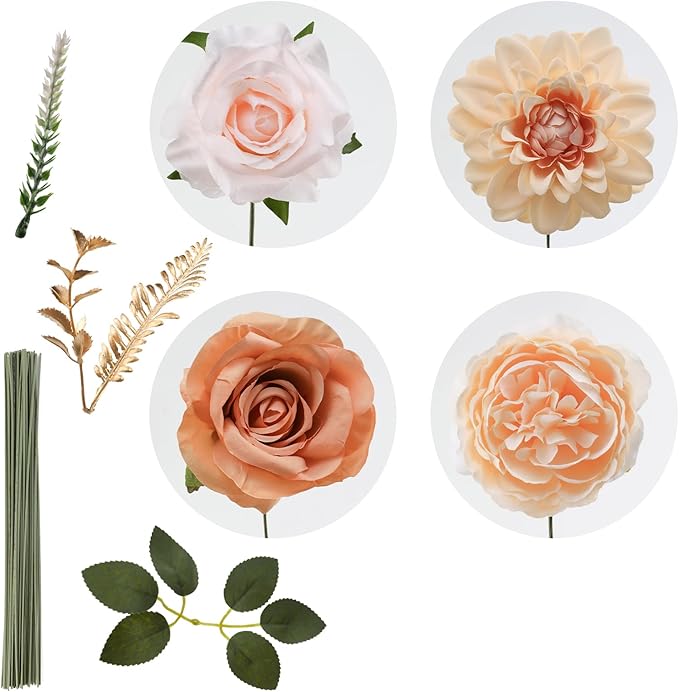 Floweroyal Artificial Flowers Fake Rose Flowers Dahlia with Stems for DIY Wedding Bridal Bouquets, Baby Shower, Floral Arrangement, Table Centerpieces, Home Decorations (Nude Color)