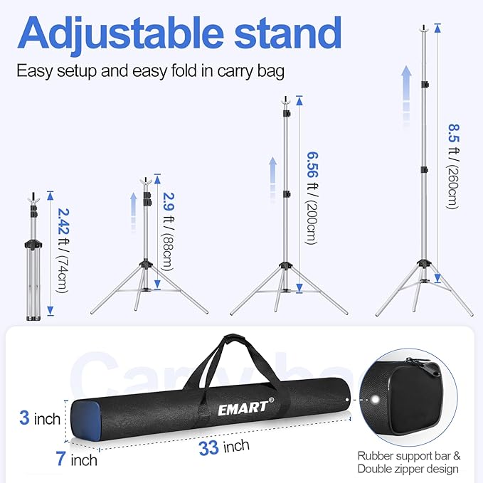 EMART Backdrop Stand 10x8.5ft(WxH) Photo Studio Adjustable Background Stand Support kit with 2 Crossbars, 8 Clamps, 2 Sandbags and Carry Bag for Parties, Events Decoration, Wedding, Photography-Silver