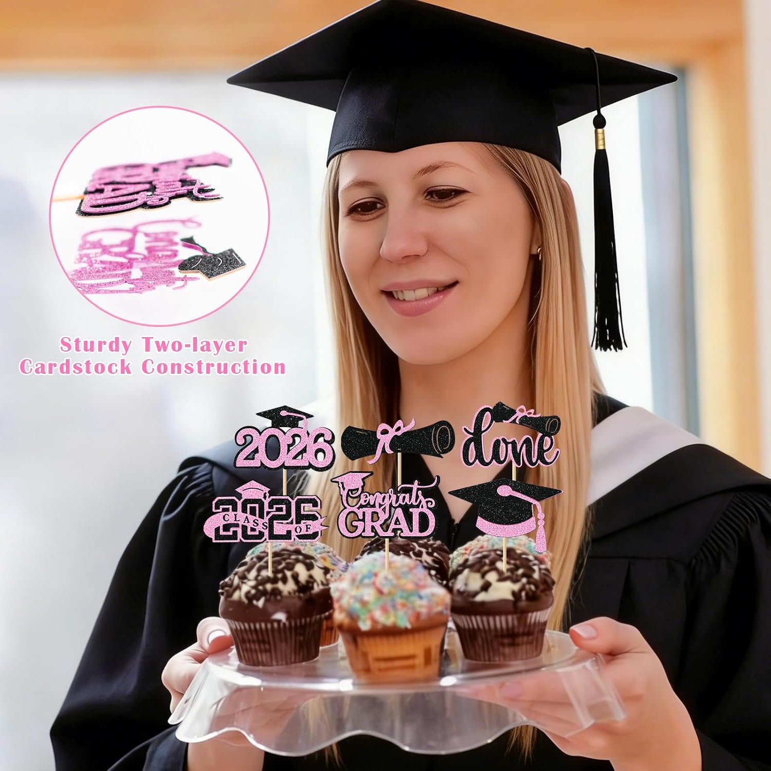 Pink Graduation Cupcake Toppers 2026, 36pcs Glitter Class of 2026 Cupcake Toppers for Graduation Party Decoration Grad Cap Diploma Done Congrats Grad Picks for Food Dessert Party Supplies