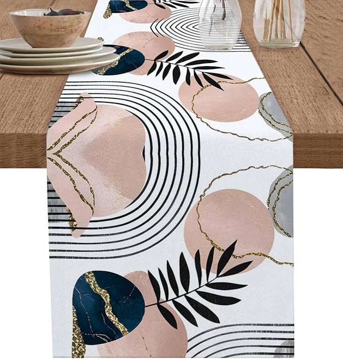 Modern Boho Cotton Linen Table Runner for Dining Kitchen, Wedding Outdoor Party Tablerunners Decoration, Abstract Bohemian Tropical Palm Leaf Dresser Scarf Coffee Tablecloth Runners 13x90 Inches