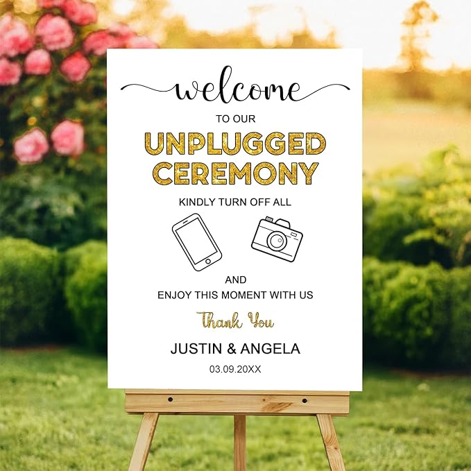 Unplugged Ceremony Sign with Icons – Fun & Bold Wedding Yard Sign – No Phones or Cameras – Modern Welcome Sign for Outdoor Weddings