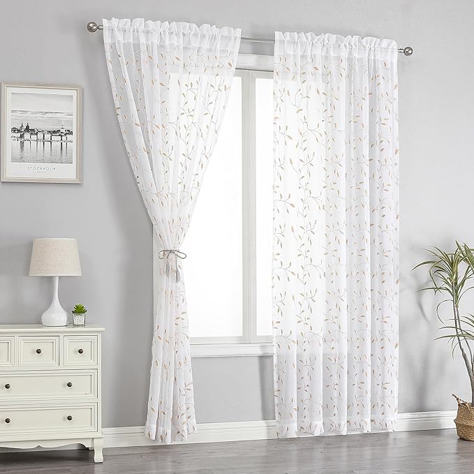 VISIONTEX White Sheer Voile Curtains, Decorative Orange Leaves Embroidery Faux Linen Rod Pocket Window Drapes for Home Kitchen, Living Room and Bedroom 54 x 72 Inch, Set of 2 Curtain Panels
