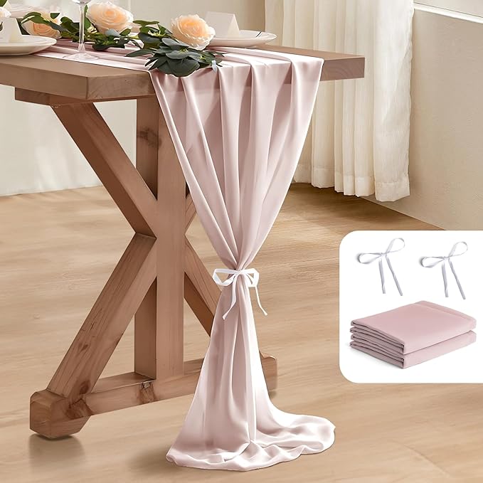 2 Pack 10 Ft Chiffon Table Runner Dusty Rose Gauze Long Table Runners 27x120 Inches Sheer Tulle Table Runner for Rustic Wedding Reception Bridal Shower Decorations Birthday Party
