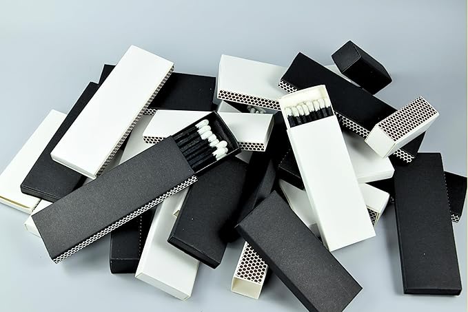Chandler Studio 10 Boxes - Wooden Matchsticks in a Blank Matchbox with White/Black Matchboxes Colorful Tips (4" Matchboxes, 10 Boxes)