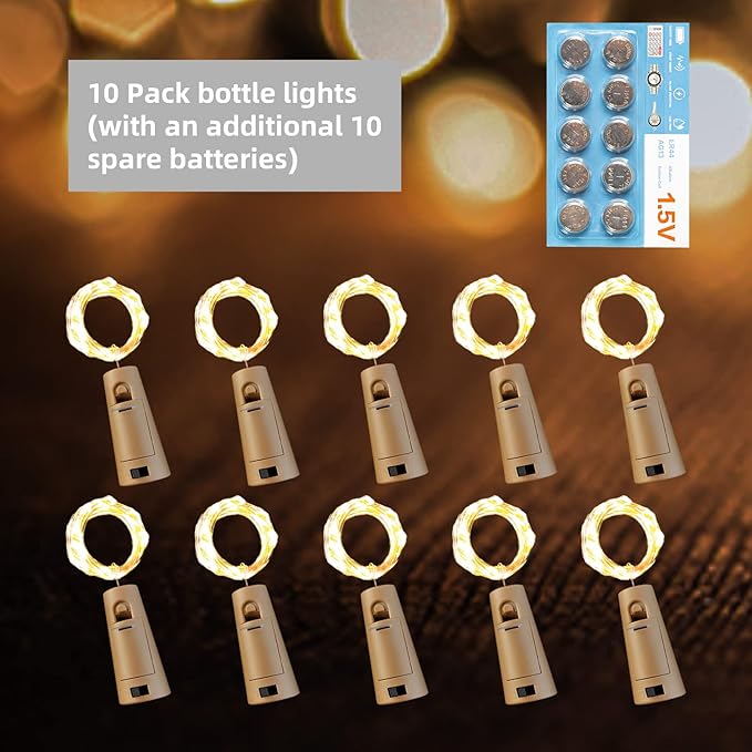 10 Pack Wine Bottle Lights with Cork, 20 LEDs, 6.6 Ft, Fairy Mini String Lights for DIY Jar Halloween, Christmas, Party Decoration, Wedding Listing (10 Pack, Warm White)