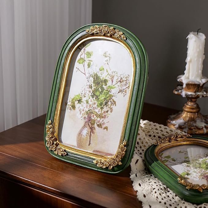 Cuspin Vintage 5x7 Picture Frame, Ornate Gold Green Arch Frames Resin Photo Frame with Glass Front for Tabletop or Wall Display, Antique Decorative Frame for Home Decor or Gift